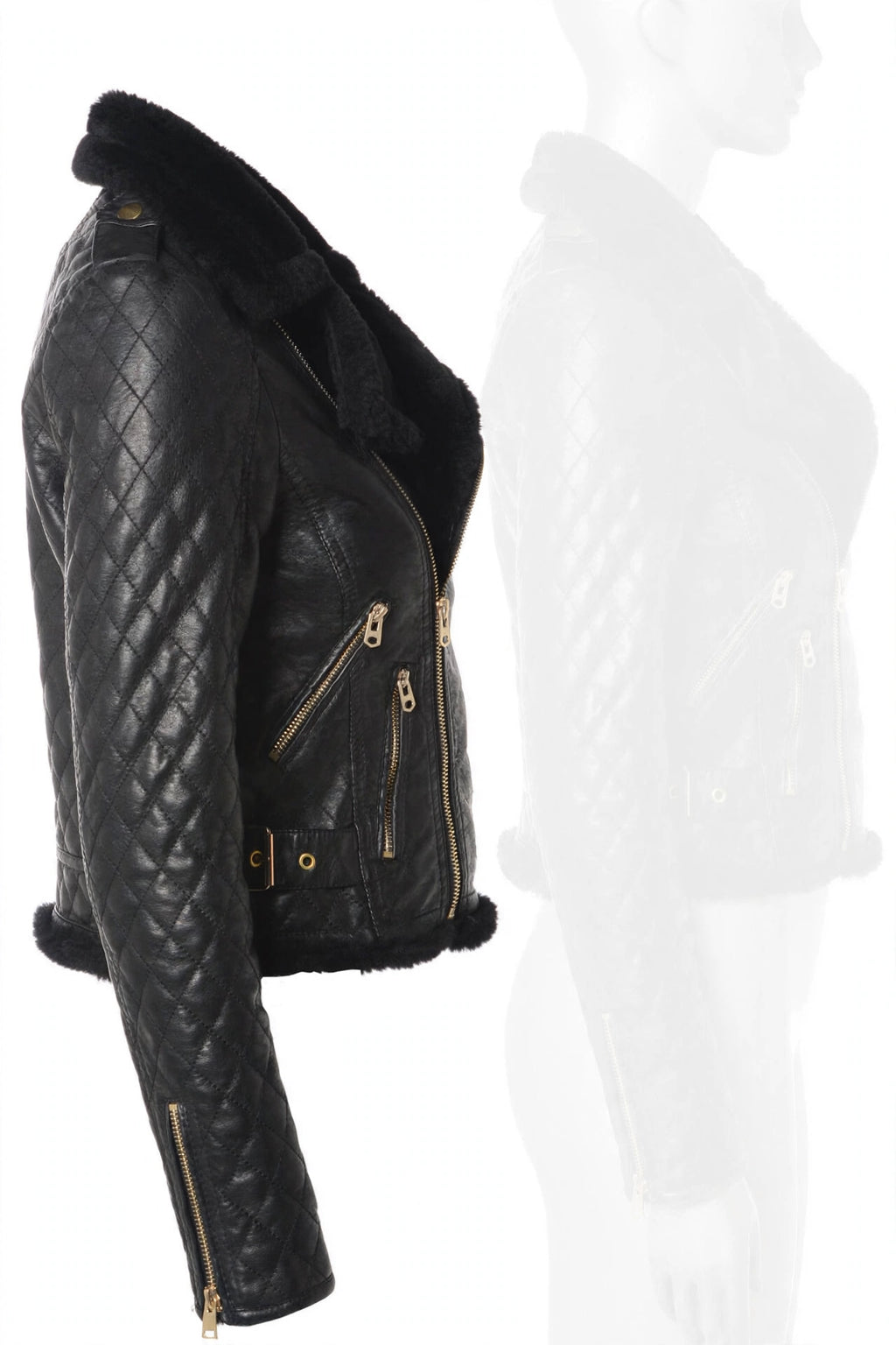 Left side profile of Hawick Black Sheepskin Quilted Leather Biker Jacket for Women showing shearling trim and sleeve zipper