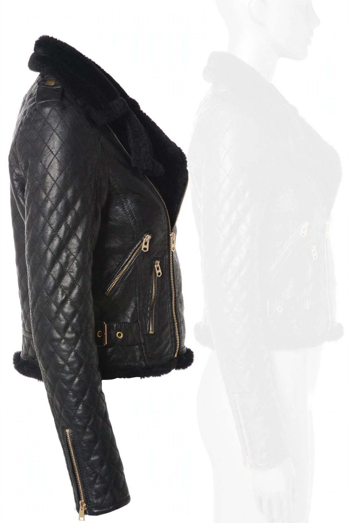 Left side profile of Hawick Black Sheepskin Quilted Leather Biker Jacket for Women showing shearling trim and sleeve zipper