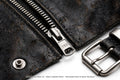 ARVO Thurso Biker V2 Black Cowhide Detail - Distressed Cowhide Texture YKK Zipper and Belt Buckle - Genuine Leather Motorcycle Jacket Hardware