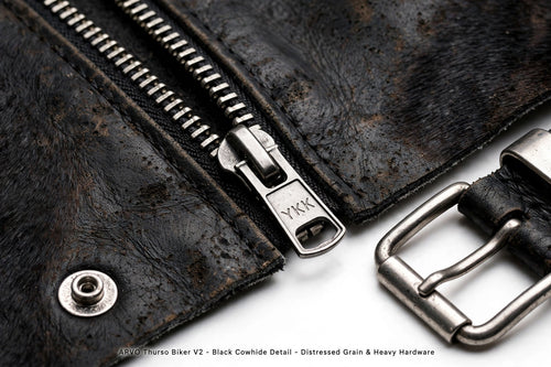 ARVO Thurso Biker V2 Black Cowhide Detail - Distressed Cowhide Texture YKK Zipper and Belt Buckle - Genuine Leather Motorcycle Jacket Hardware