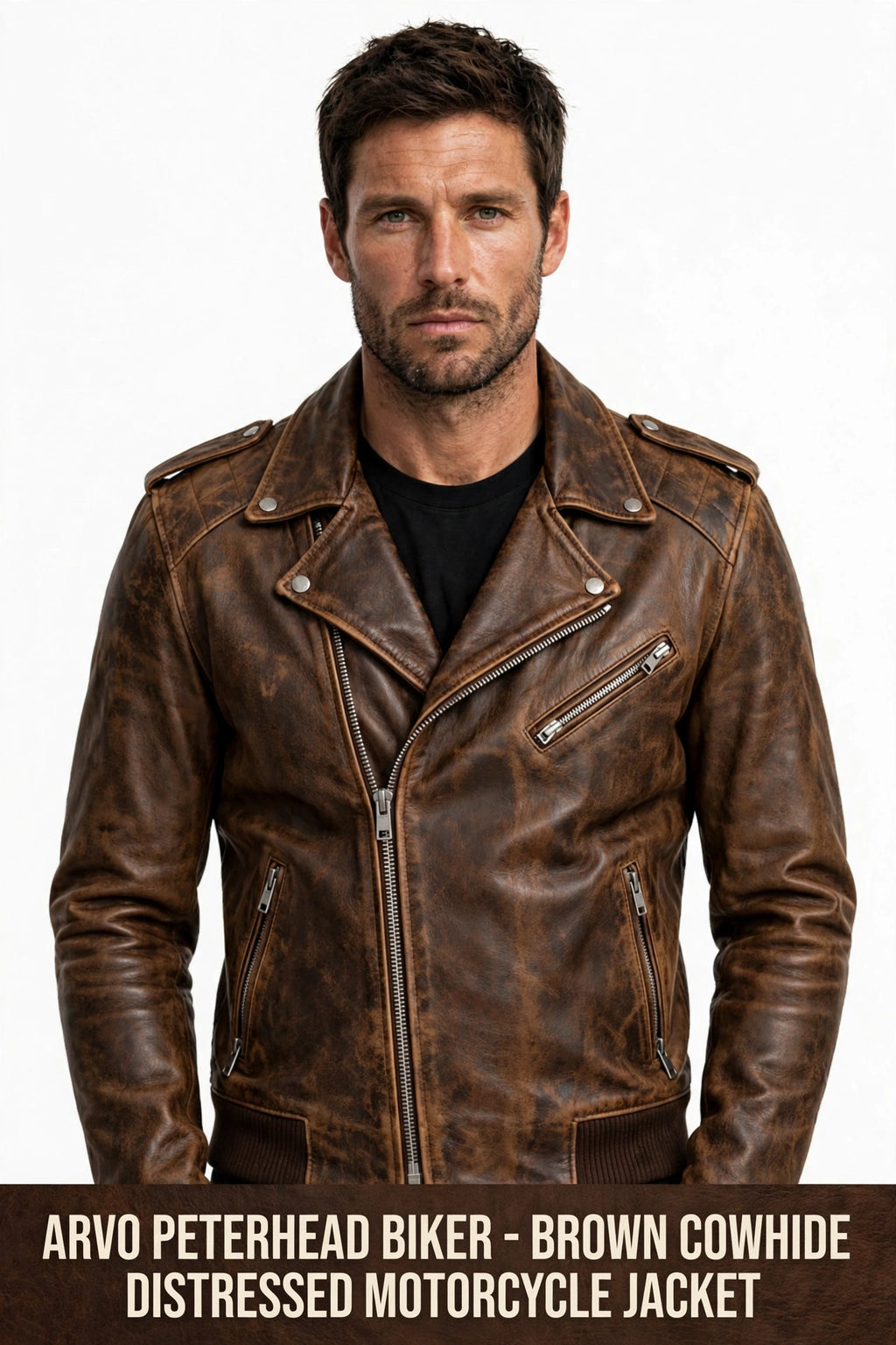 Arvo Peterhead Biker Leather Jacket for Men Brown Cowhide Front View - Distressed Brown Motorcycle Jacket with Belt and Asymmetrical Zip