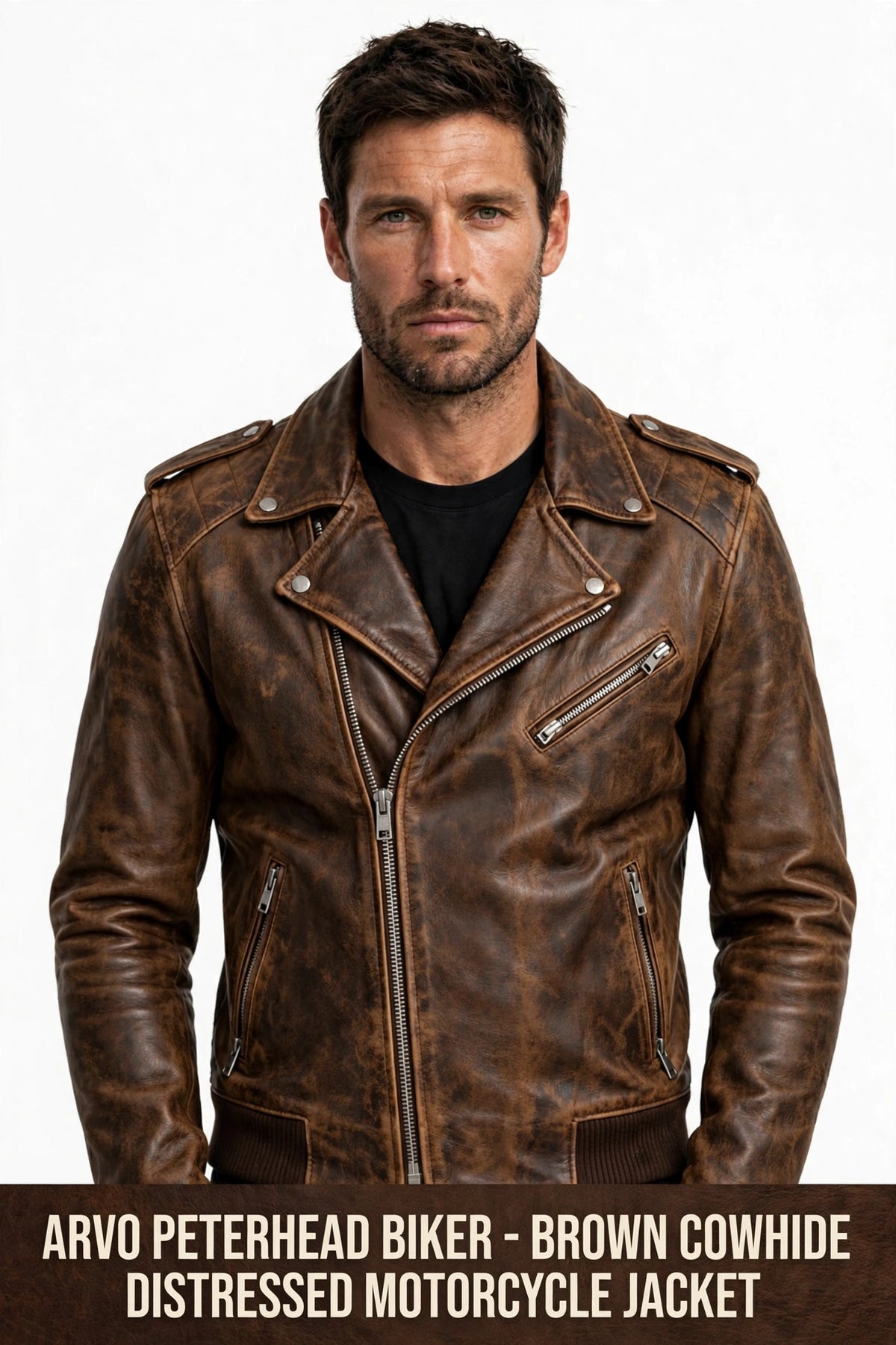 Arvo Peterhead Biker Leather Jacket for Men Brown Cowhide Front View - Distressed Brown Motorcycle Jacket with Belt and Asymmetrical Zip