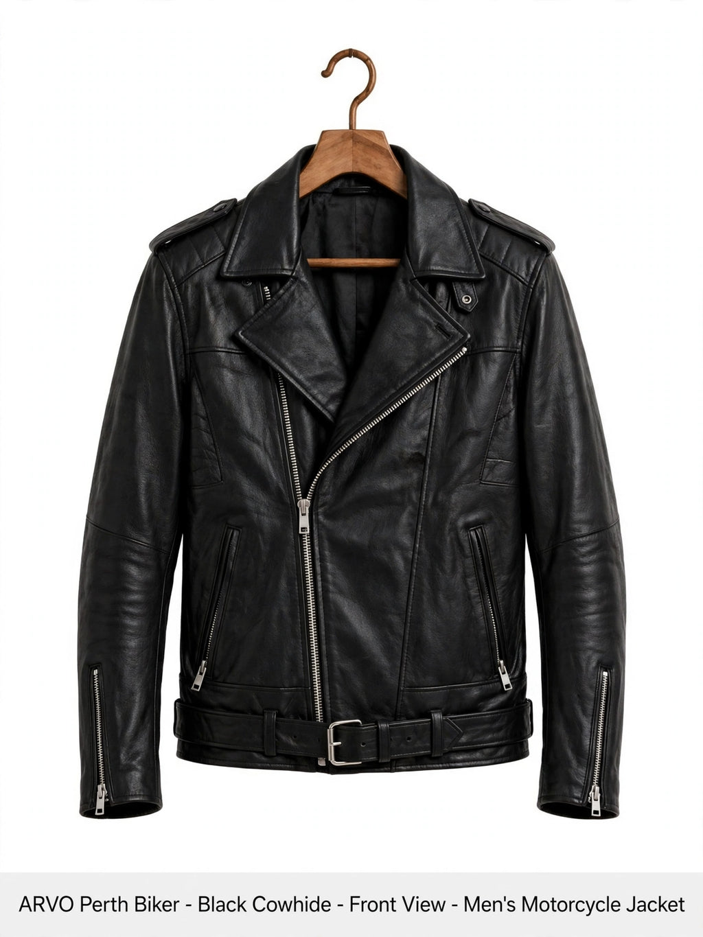 Arvo Perth Biker Leather Jacket for Men Black Cowhide Front View - Men's Black Cowhide Motorcycle Jacket with Asymmetrical Zip - Classic Moto Jacket