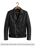 Arvo Perth Biker Leather Jacket for Men Black Cowhide Front View - Men's Black Cowhide Motorcycle Jacket with Asymmetrical Zip - Classic Moto Jacket