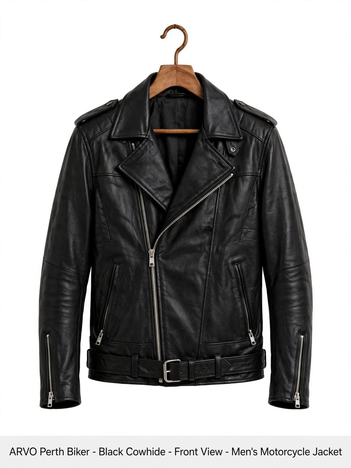 Arvo Perth Biker Leather Jacket for Men Black Cowhide Front View - Men's Black Cowhide Motorcycle Jacket with Asymmetrical Zip - Classic Moto Jacket