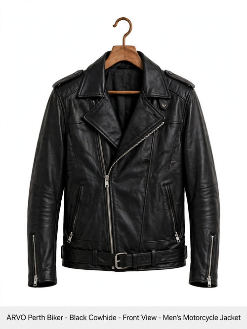 Arvo Perth Biker Leather Jacket for Men Black Cowhide Front View - Men's Black Cowhide Motorcycle Jacket with Asymmetrical Zip - Classic Moto Jacket