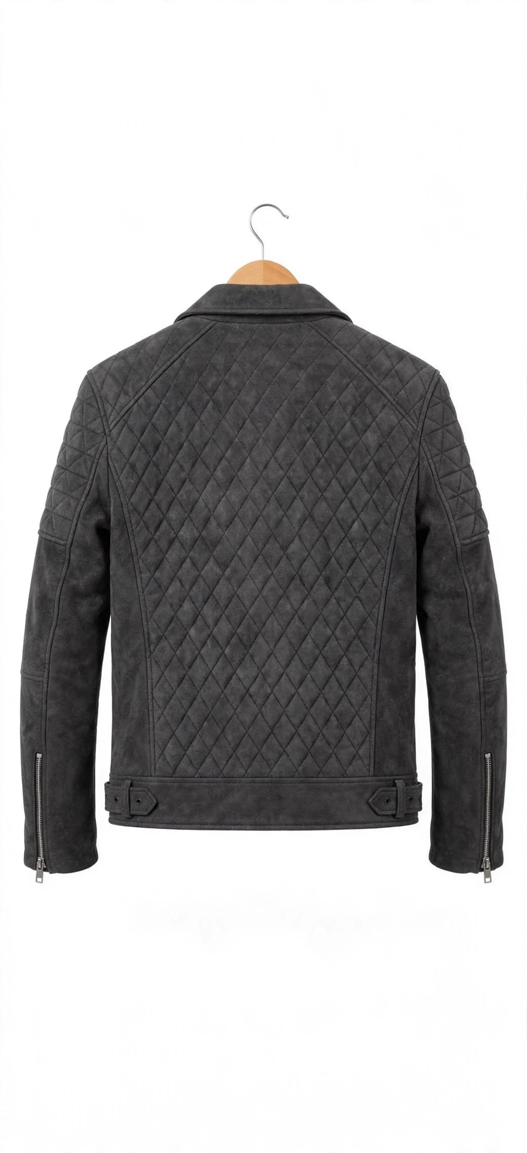 ARVO Wick Biker Charcoal Grey Sheepskin Leather Jacket Back View - Diamond Quilted Back Panel Motorcycle Jacket