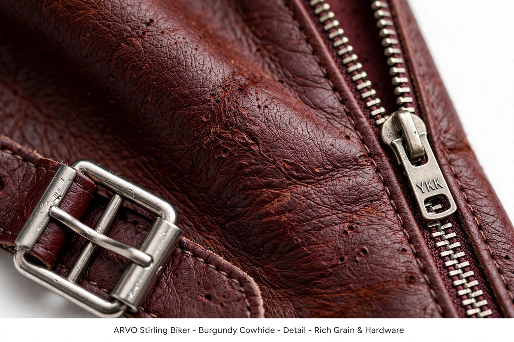 Arvo Stirling Biker Burgundy Cowhide Detail - Distressed Burgundy Cowhide Grain with YKK Zipper and Silver Buckle Hardware