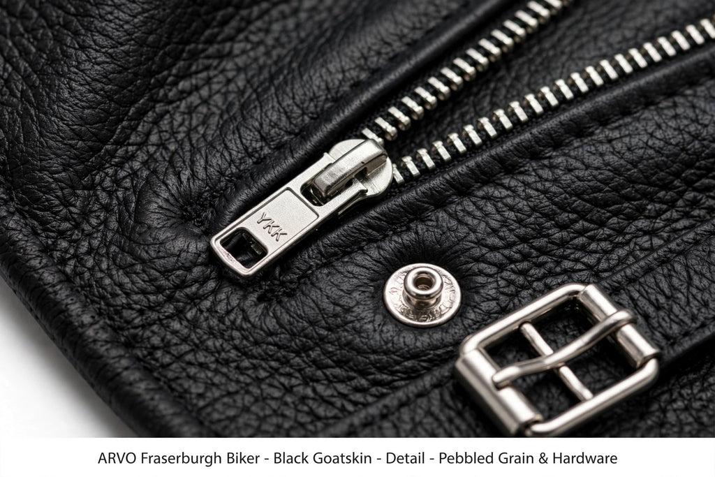 Arvo Perth Biker Black Cowhide Detail - Black Cowhide Leather Grain with YKK Zipper and Silver Buckle - Premium Hardware Close-Up