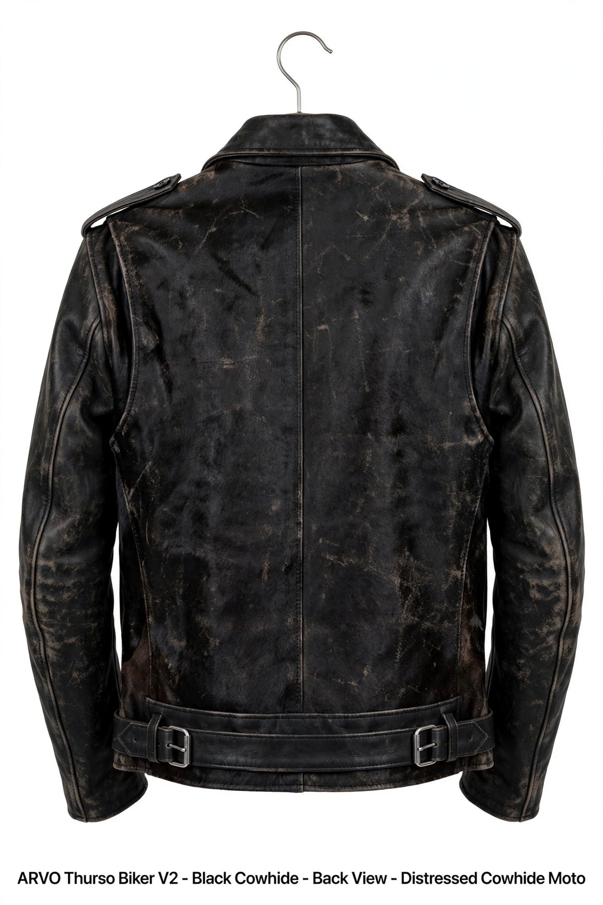 ARVO Thurso Biker V2 Black Cowhide Back View - Distressed Vintage Moto Jacket with Belted Hem and Epaulettes - Men's Motorcycle Jacket