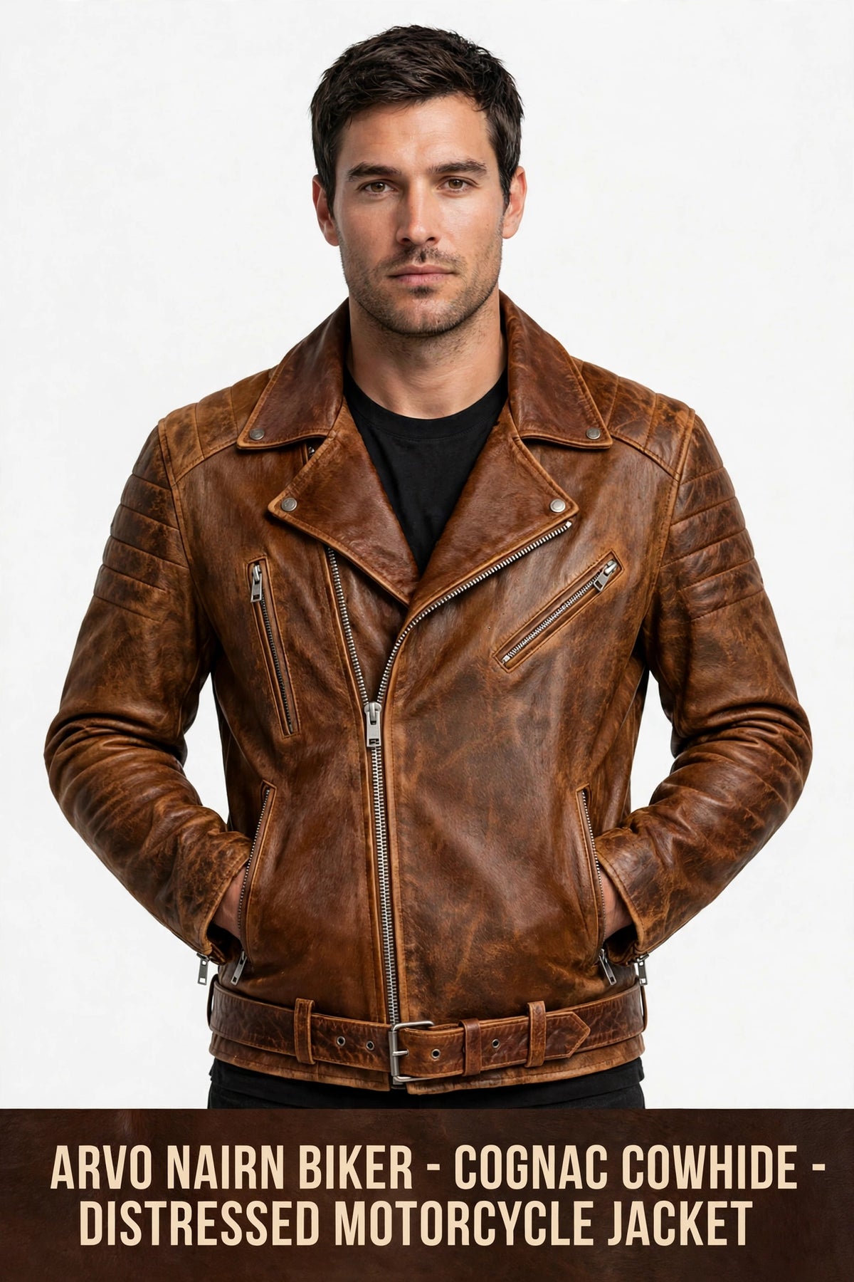 Arvo Nairn cognac cowhide biker jacket for men, photo 3