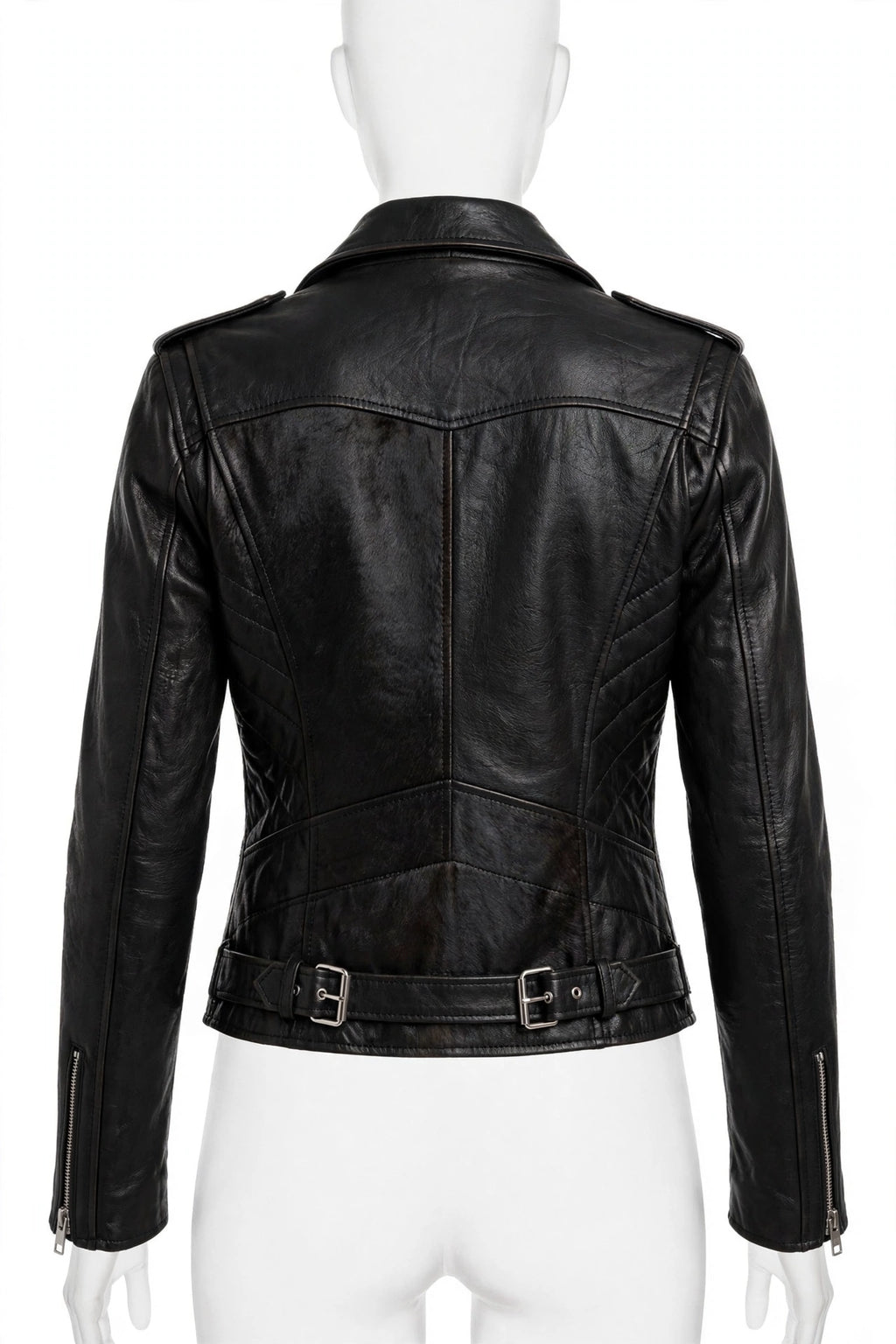 Back view of Elgin Black Cowhide Biker Jacket for Women with dual buckle belt