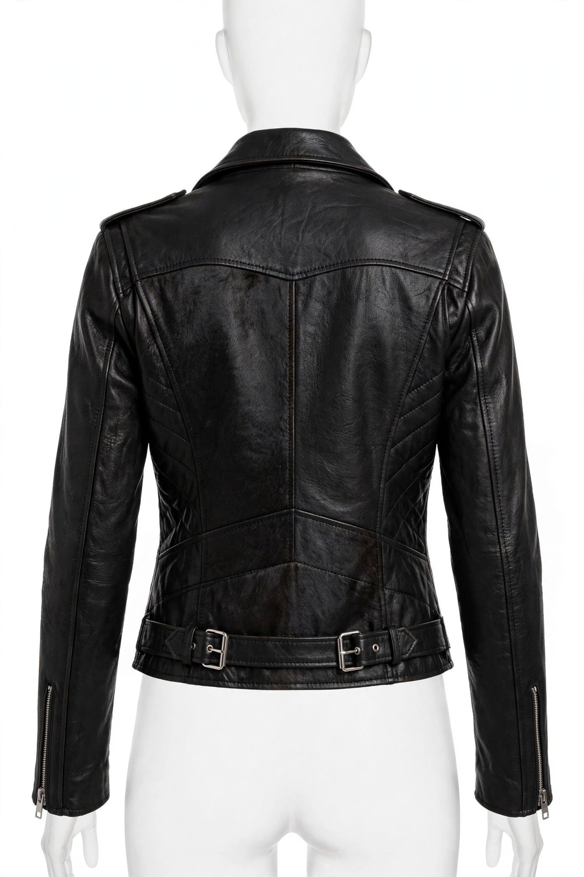 Back view of Elgin Black Cowhide Biker Jacket for Women with dual buckle belt