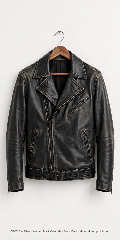 Arvo Ayr Biker Washed Black Cowhide Front View - Men's Vintage Washed Black Cowhide Motorcycle Jacket with Belt and Asymmetrical Zip