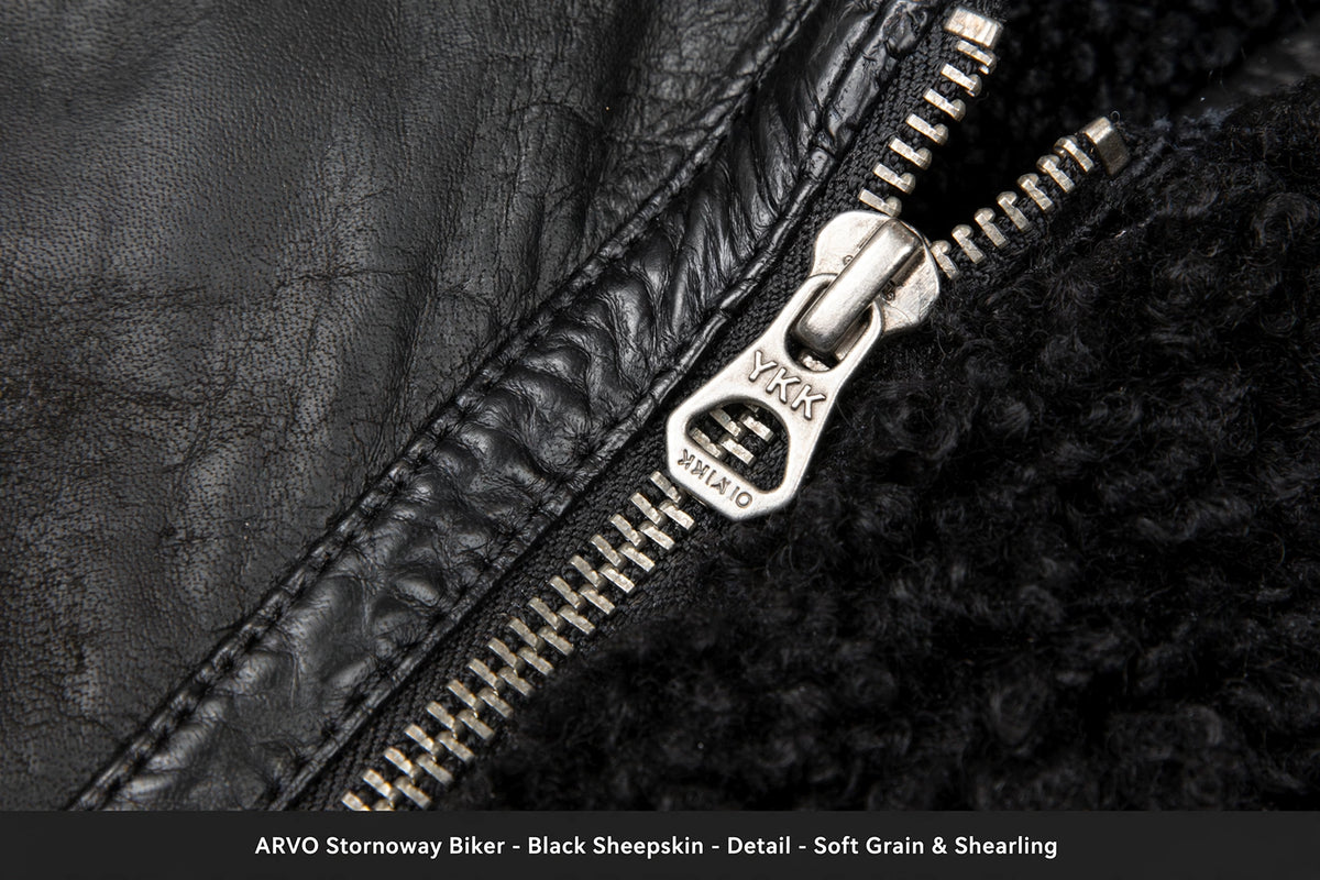 Arvo Stornoway Biker Black Sheepskin Back View - Belted Shearling Aviator Jacket - Men's Black Sheepskin Biker with Back Buckles