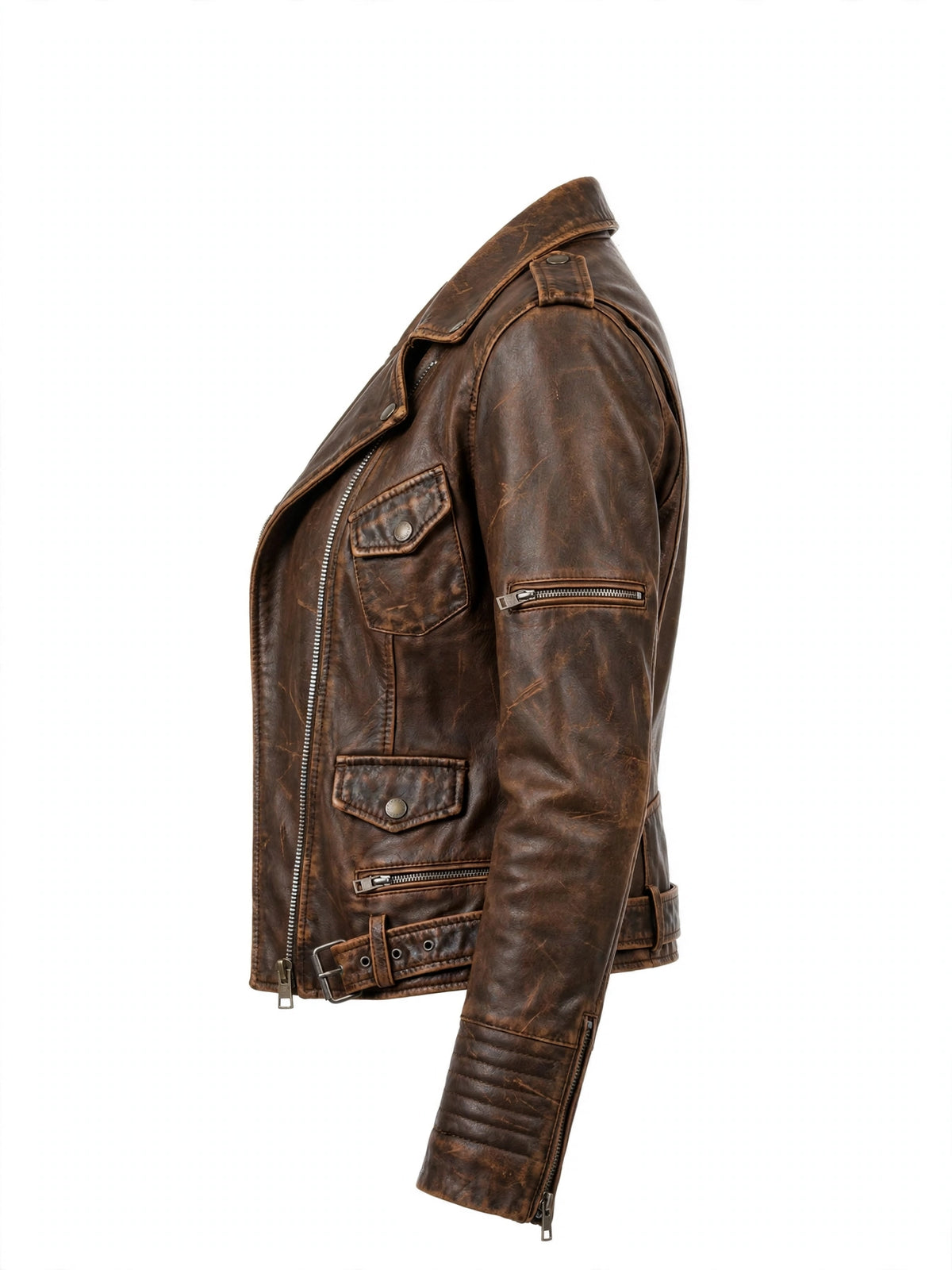 Falkirk distressed brown leather biker jacket for women, 3/4 view with diagonal zip