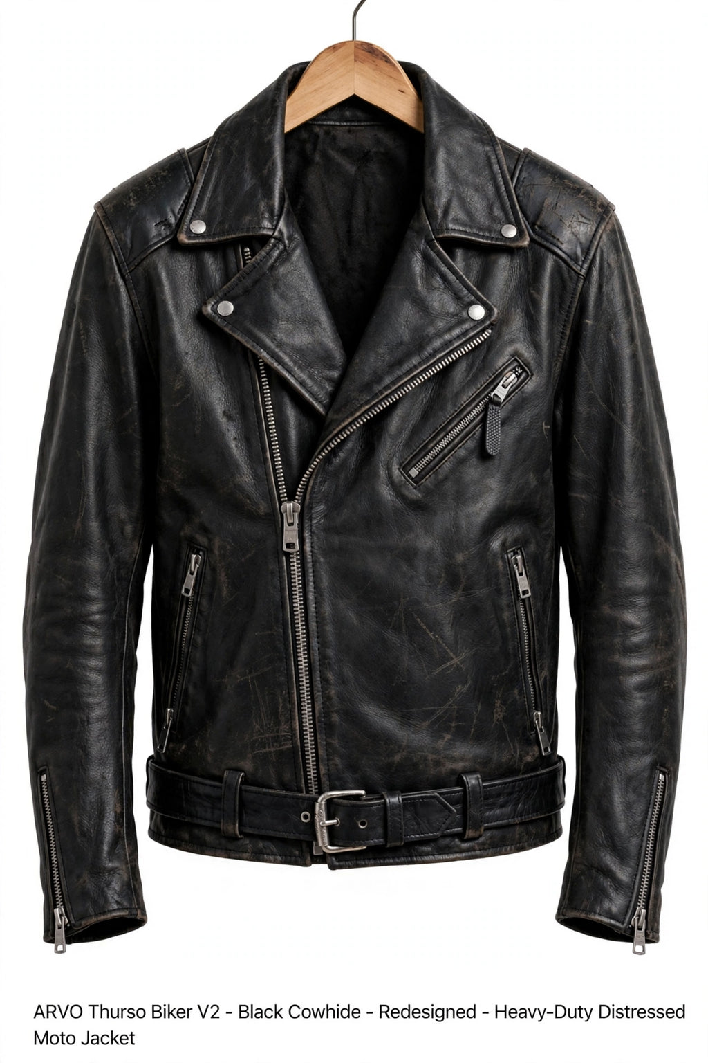 ARVO Thurso Biker V2 Black Cowhide Front View - Men's Heavy Duty Distressed Leather Motorcycle Jacket with Belt and Asymmetrical Zip - Redesigned