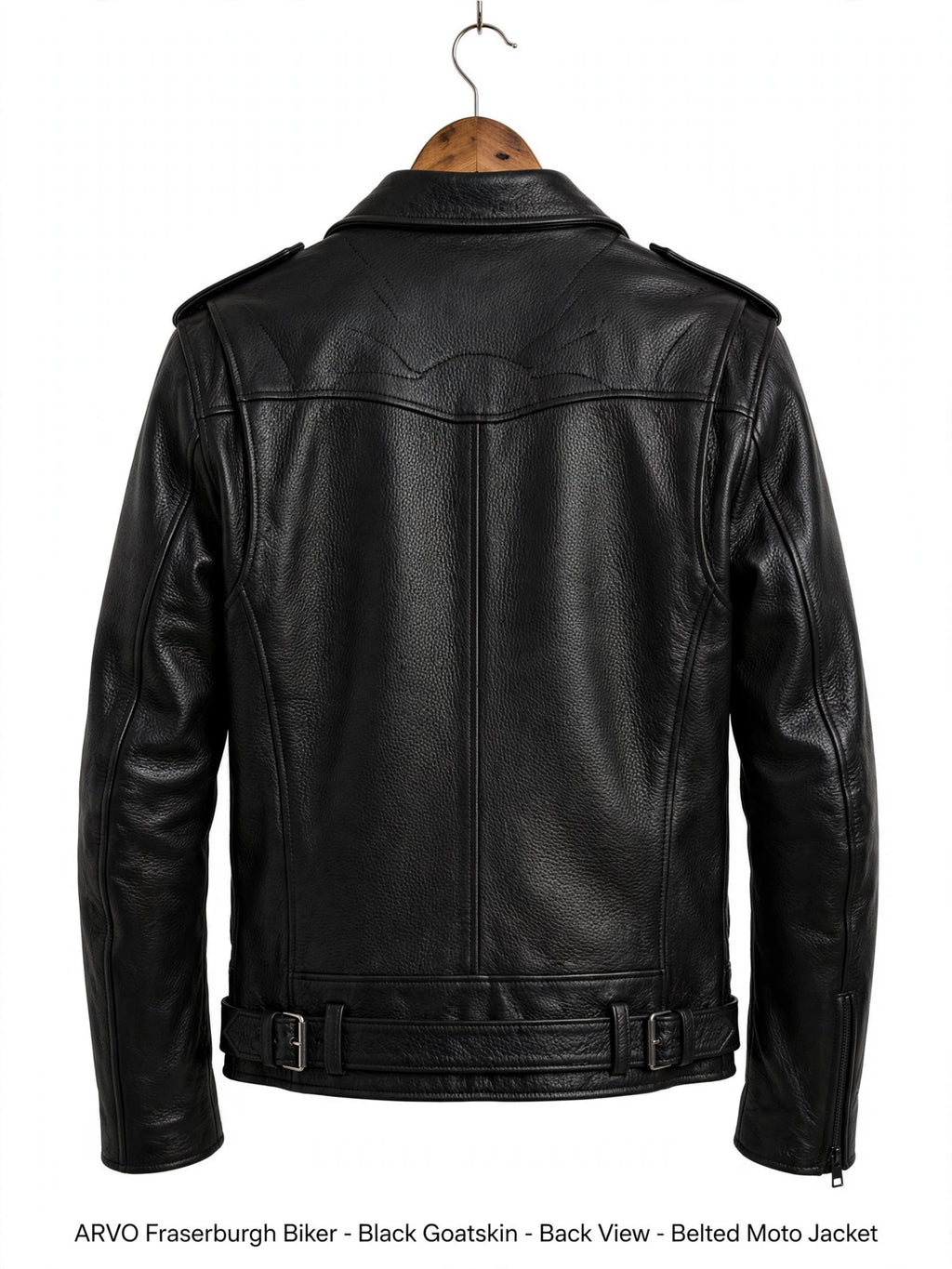 Arvo Fraserburgh Biker Black Goatskin Front View - Men's Black Goatskin Leather Motorcycle Jacket with Belted Hem and Silver Hardware