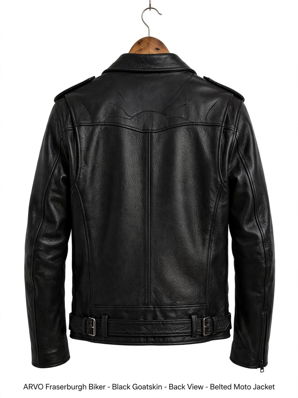 Arvo Fraserburgh Biker Black Goatskin Front View - Men's Black Goatskin Leather Motorcycle Jacket with Belted Hem and Silver Hardware