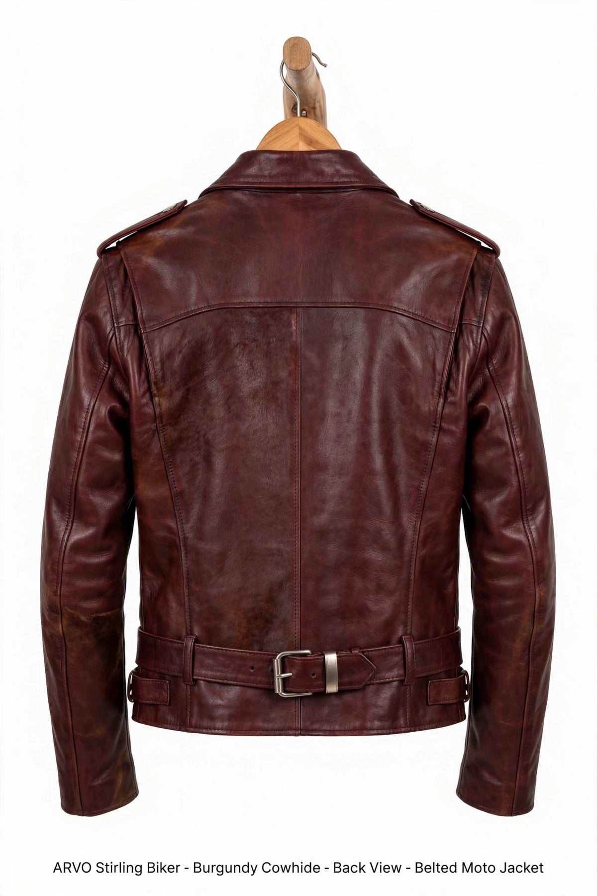 Arvo Stirling Biker Burgundy Cowhide Back View - Belted Moto Jacket - Distressed Burgundy Leather with Shoulder Epaulettes