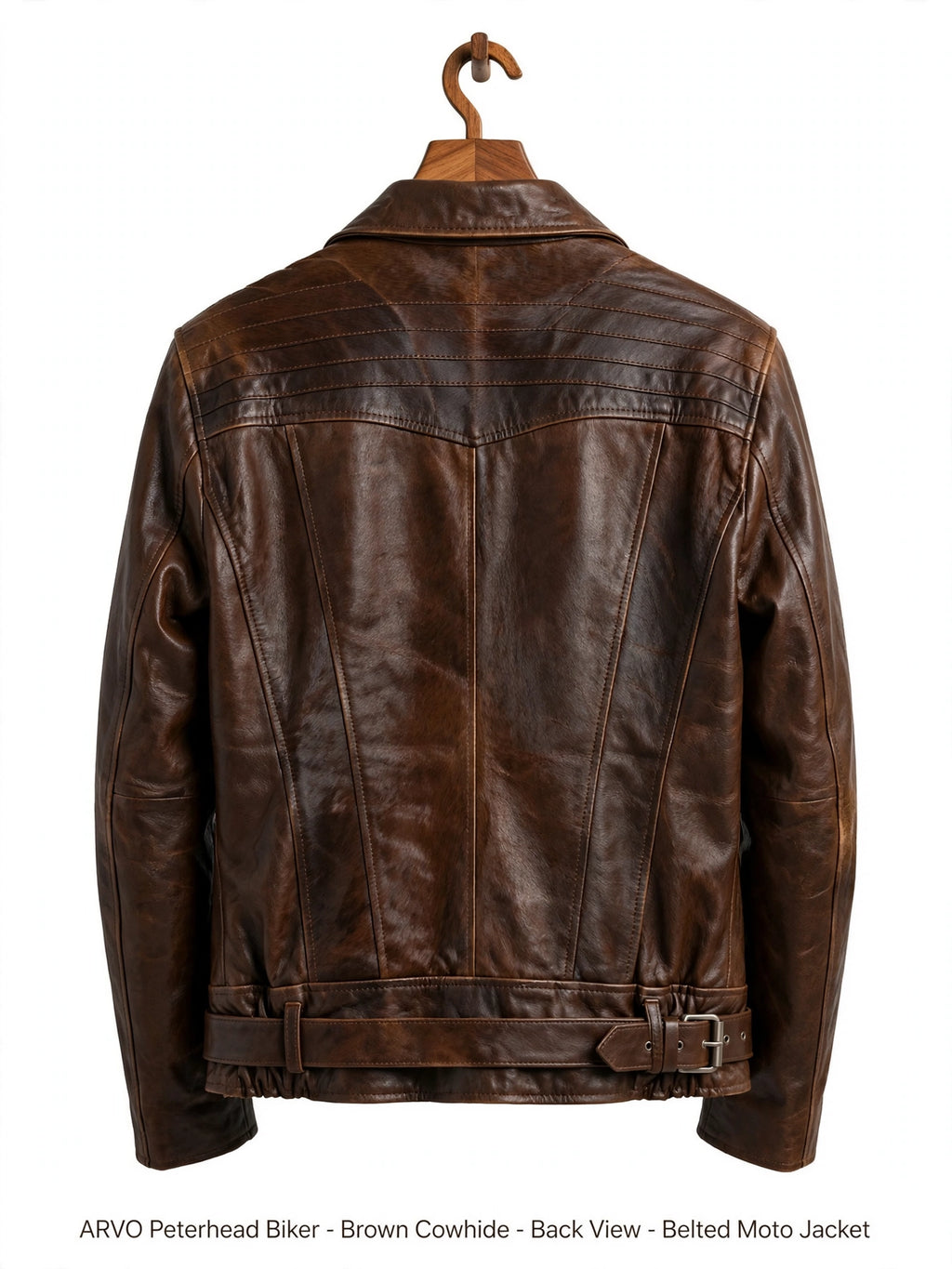 Arvo Peterhead Biker Brown Cowhide Back View - Men's Belted Moto Jacket with Yoke Detail - Distressed Brown Leather