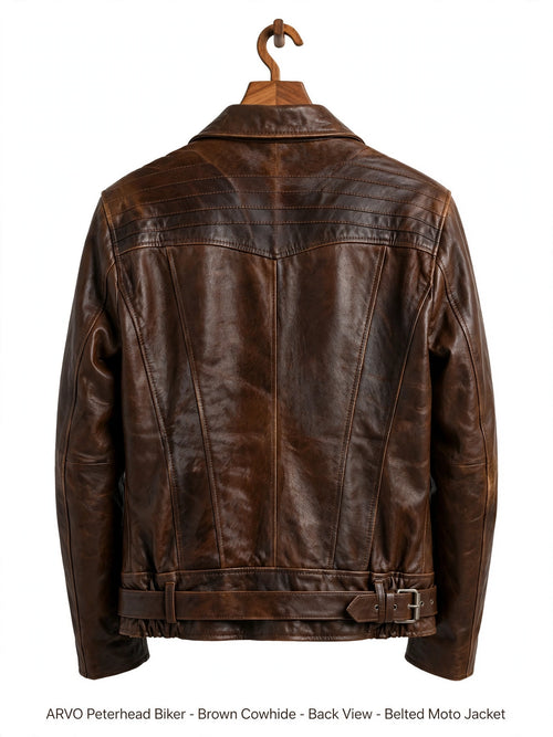 Arvo Peterhead Biker Brown Cowhide Back View - Men's Belted Moto Jacket with Yoke Detail - Distressed Brown Leather