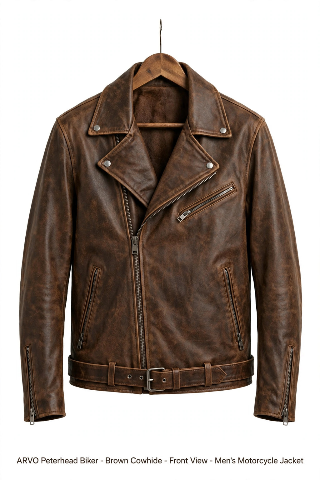 Arvo Peterhead Biker Brown Cowhide Men's Distressed Leather Motorcycle Jacket Front - Belted Biker Jacket