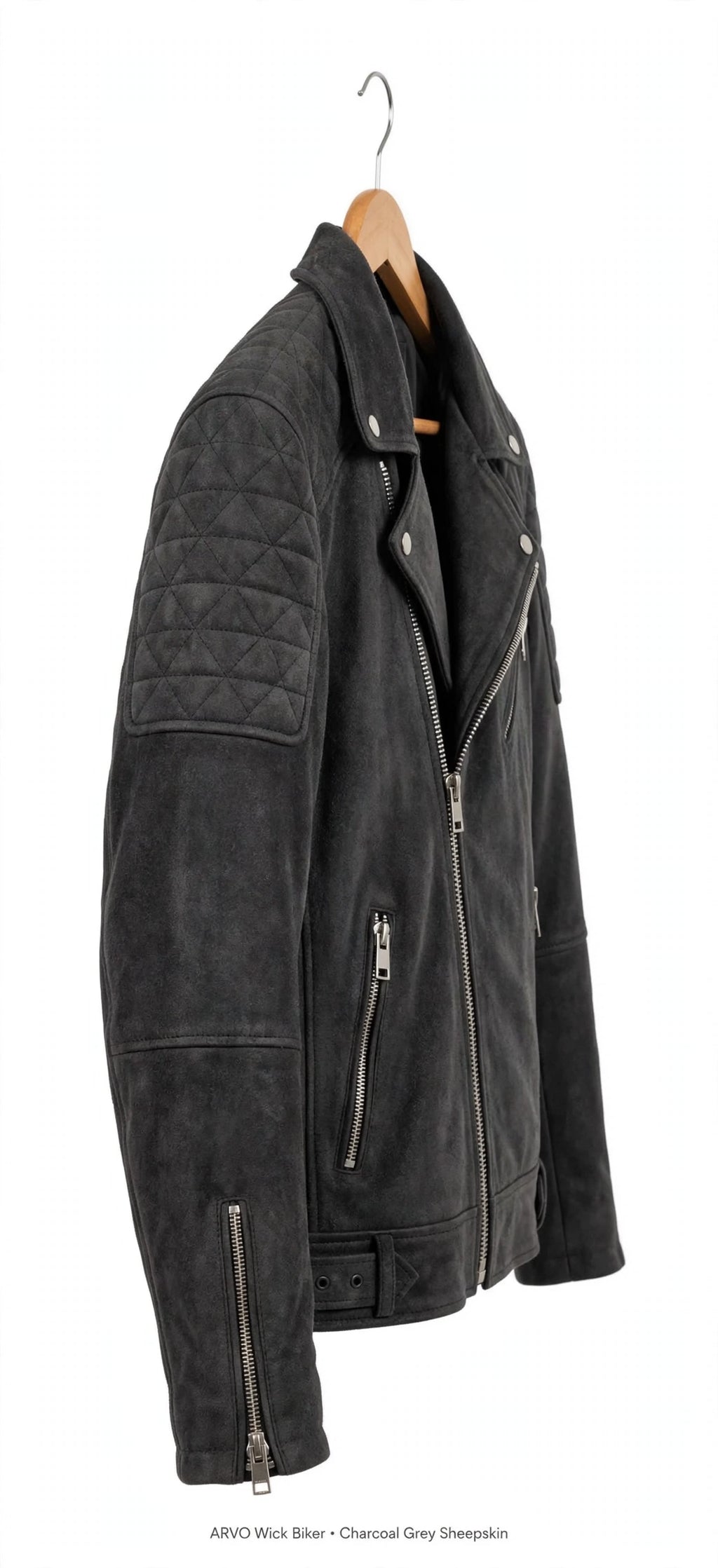 ARVO Wick Biker Charcoal Grey Sheepskin Side View - Quilted Sleeve Patch and Zip Cuff Detail