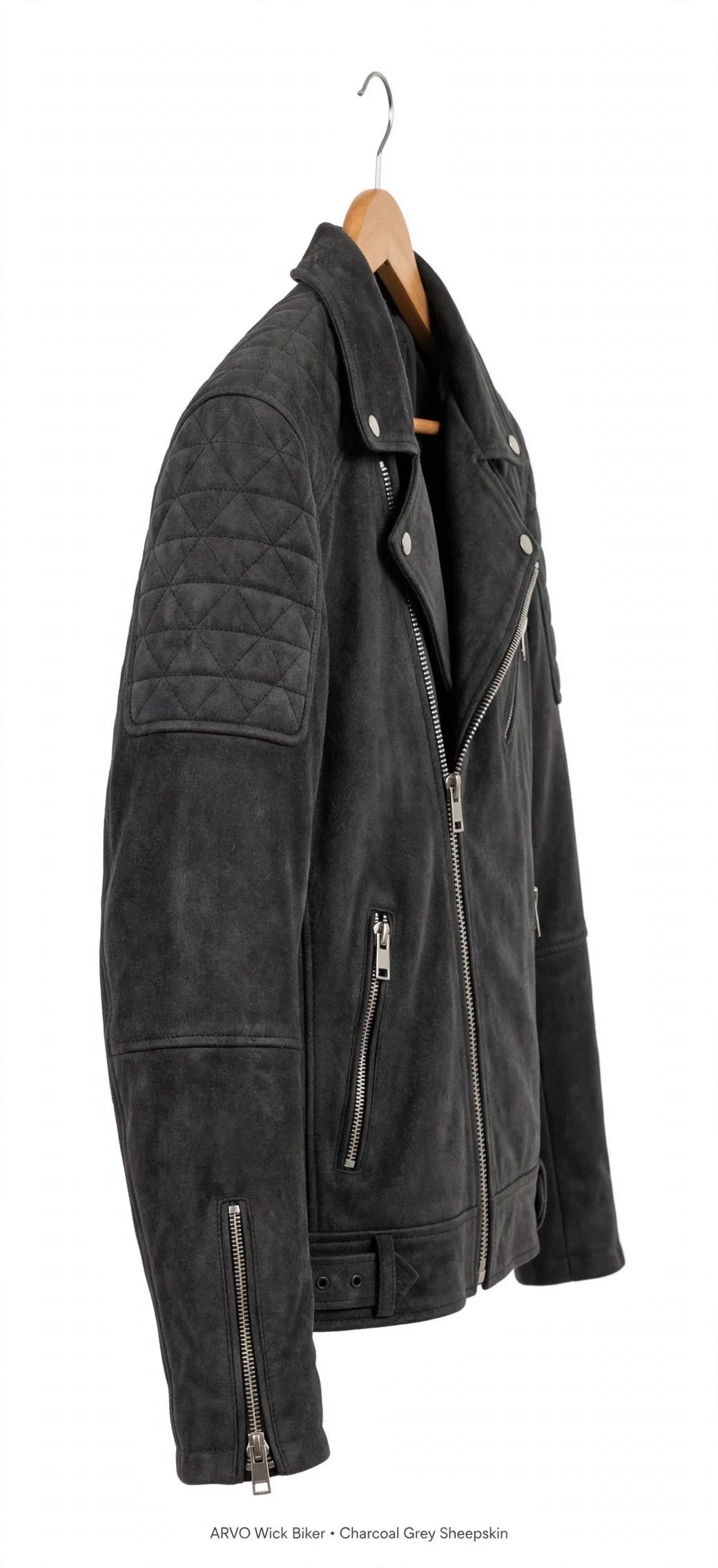 ARVO Wick Biker Charcoal Grey Sheepskin Side View - Quilted Sleeve Patch and Zip Cuff Detail