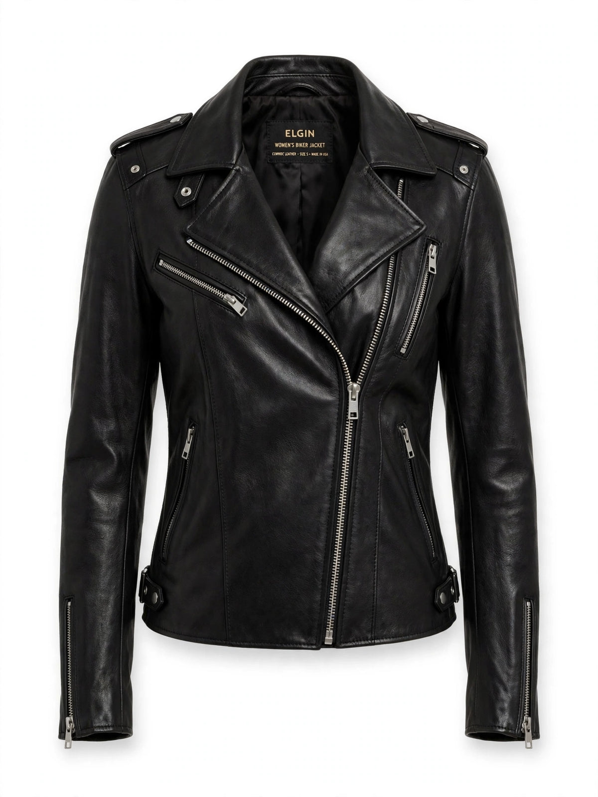 Elgin Biker Leather Jacket for Women in Black Cowhide - Front View classic moto