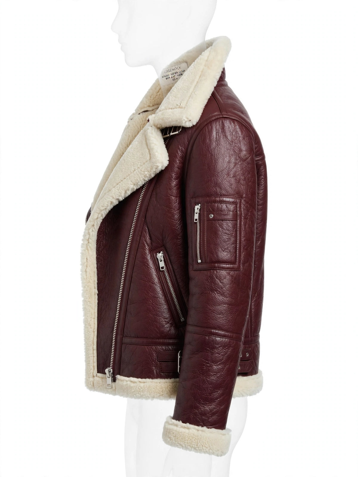 Left side profile of Greenock Burgundy Leather Biker Jacket - Women's cropped moto with shearling trim