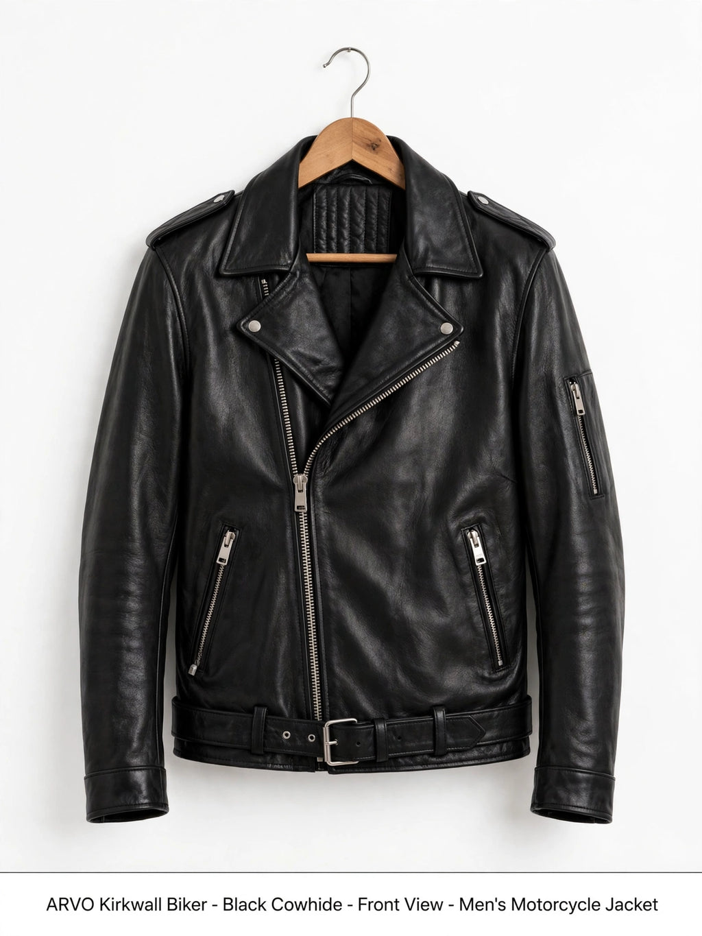 Arvo Kirkwall Biker Leather Jacket for Men Black Cowhide Front View - Men's Black Cowhide Motorcycle Jacket with Quilted Shoulders and Asymmetrical Zip