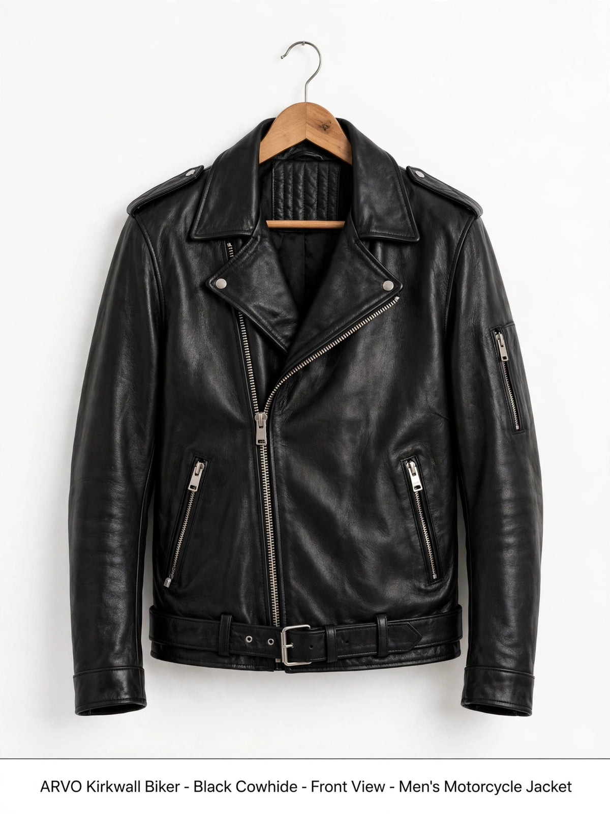 Arvo Kirkwall Biker Leather Jacket for Men Black Cowhide Front View - Men's Black Cowhide Motorcycle Jacket with Quilted Shoulders and Asymmetrical Zip
