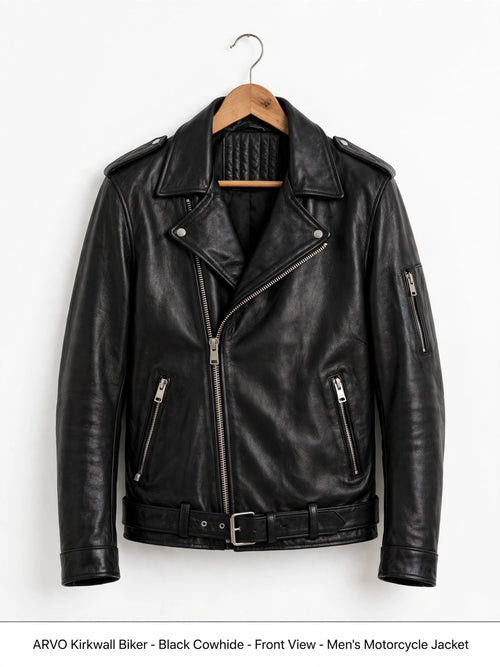 Arvo Kirkwall Biker Leather Jacket for Men Black Cowhide Front View - Men's Black Cowhide Motorcycle Jacket with Quilted Shoulders and Asymmetrical Zip