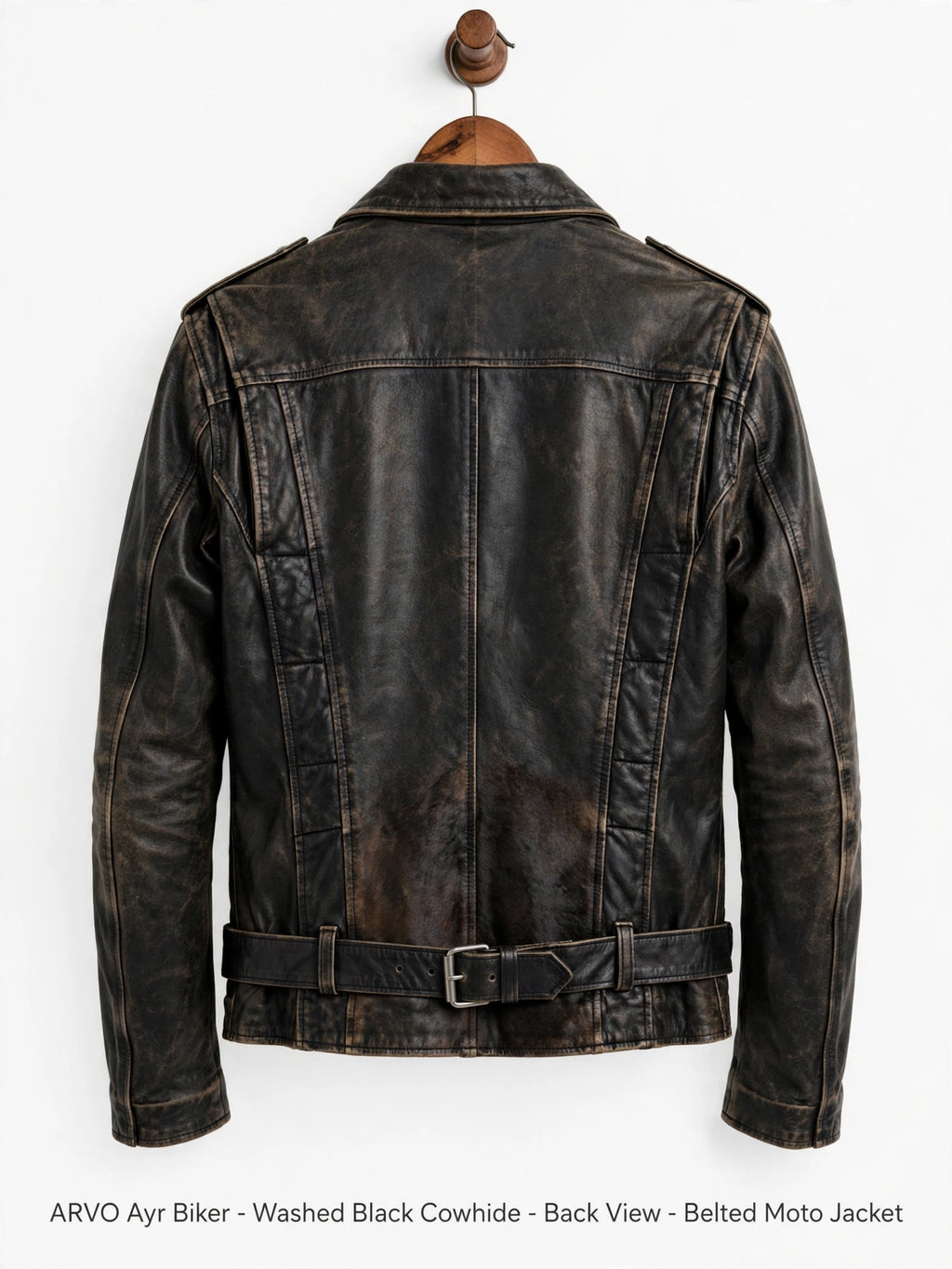 Arvo Ayr Biker Washed Black Cowhide Back View - Belted Vintage Moto Jacket - Washed Black Distressed Leather