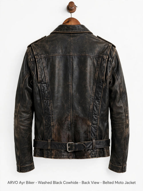 Arvo Ayr Biker Washed Black Cowhide Back View - Belted Vintage Moto Jacket - Washed Black Distressed Leather