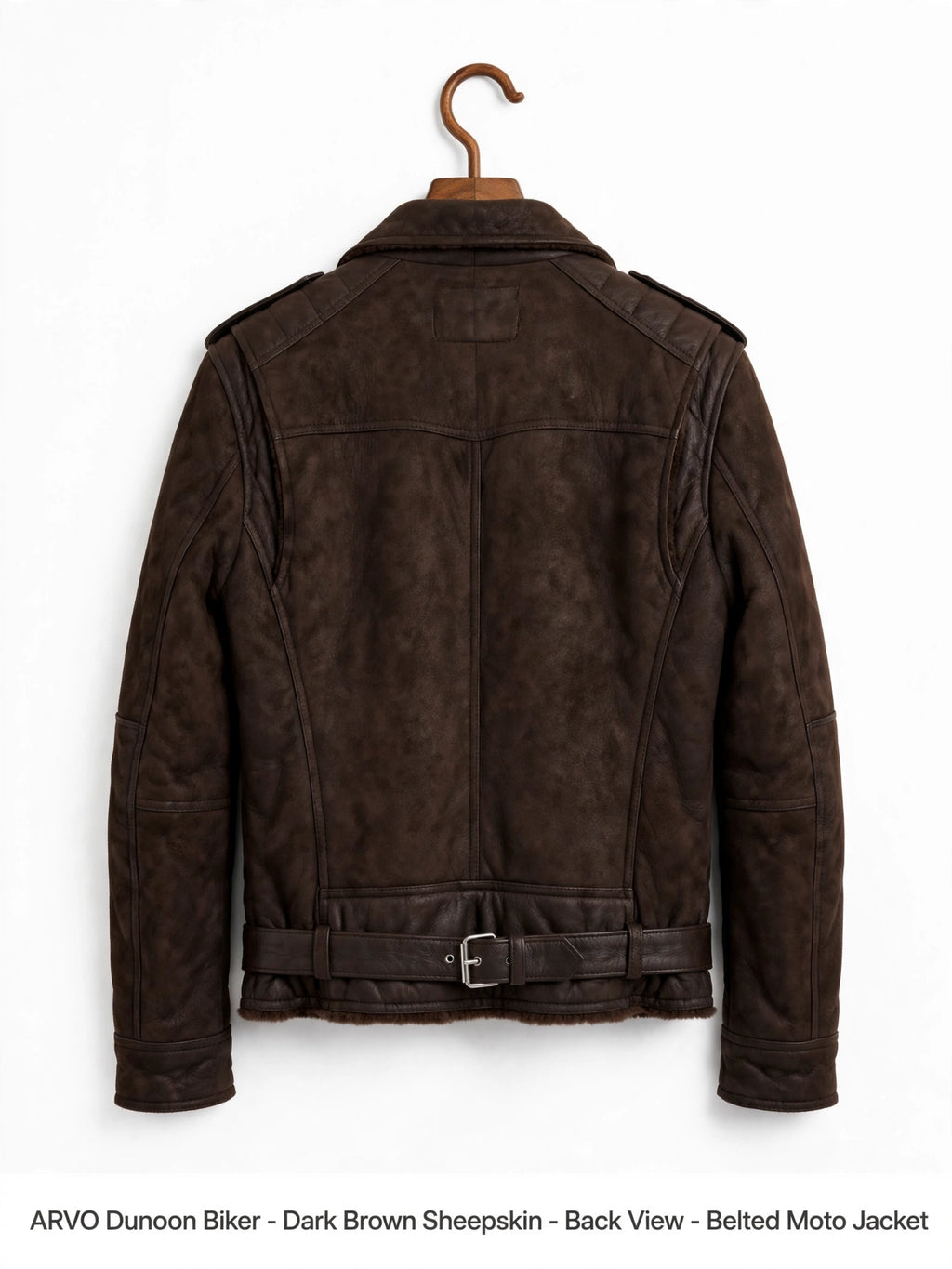 Arvo Dunoon Biker Dark Brown Sheepskin Back View - Belted Shearling Moto Jacket - Men's Dark Brown Sheepskin Biker