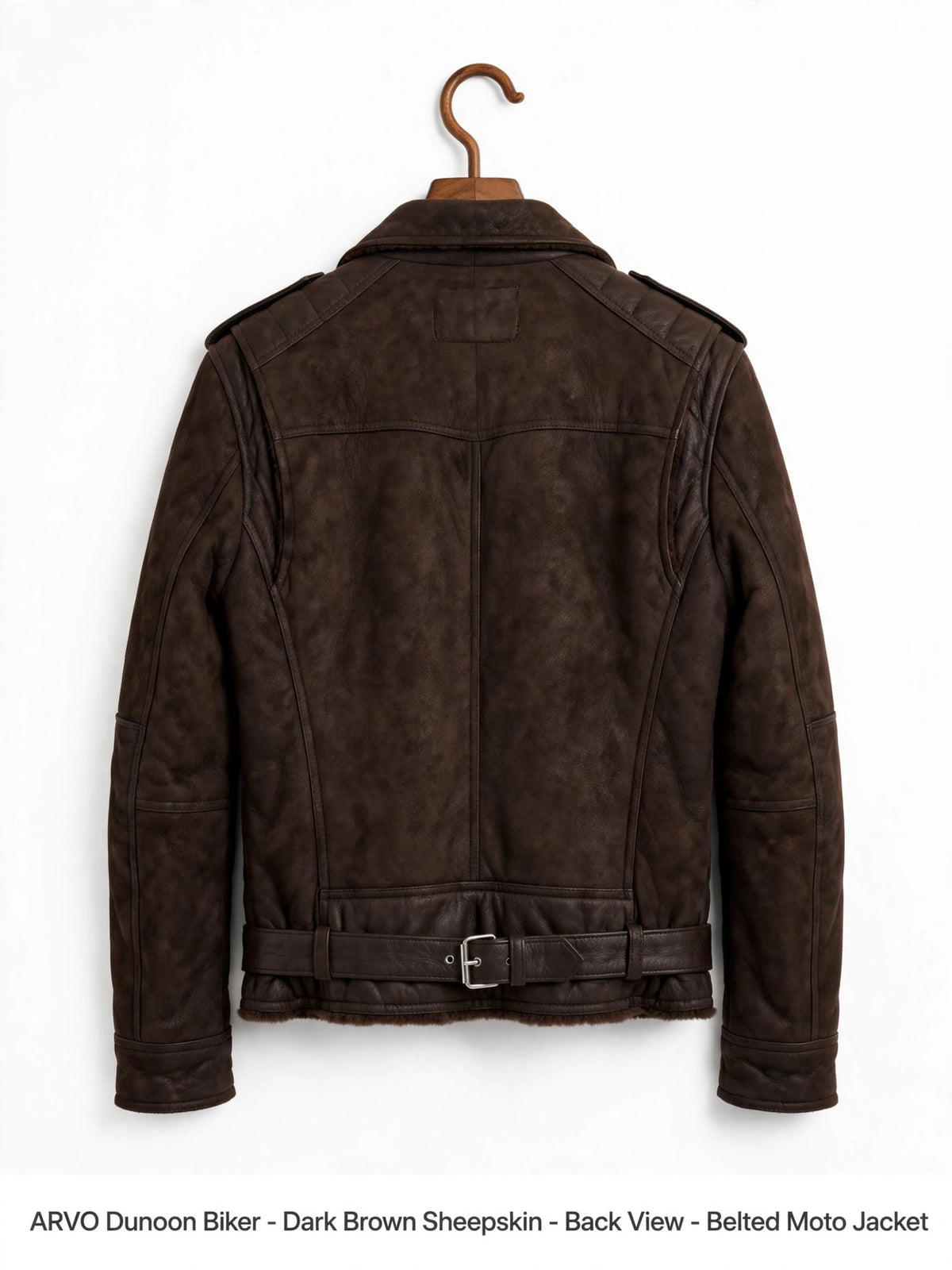 Arvo Dunoon Biker Dark Brown Sheepskin Back View - Belted Shearling Moto Jacket - Men's Dark Brown Sheepskin Biker