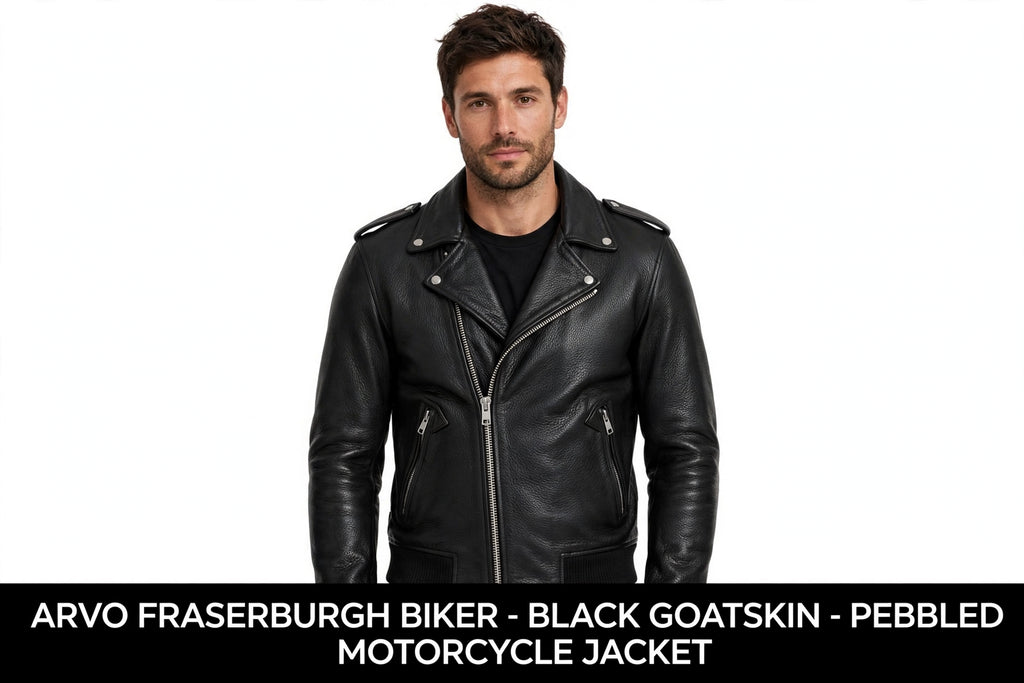 Arvo Fraserburgh Biker Black Goatskin Front View - Men's Pebbled Goatskin Moto Jacket