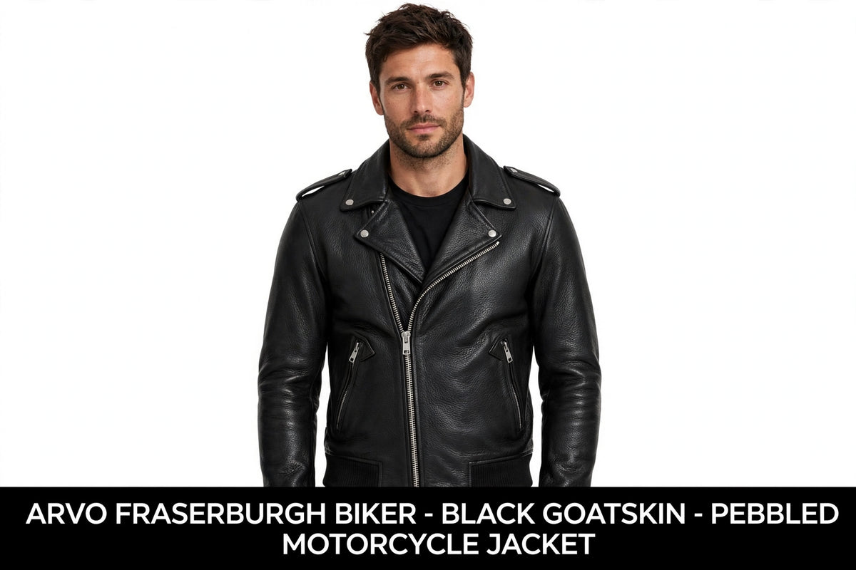 Arvo Fraserburgh Biker Black Goatskin Front View - Men's Pebbled Goatskin Moto Jacket