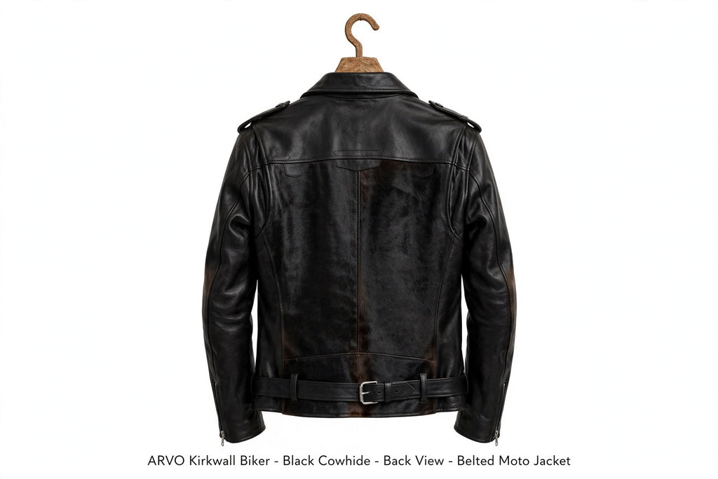 Arvo Kirkwall Biker Black Cowhide Back View - Belted Moto Jacket with Dual Rear Buckles - Black Cowhide Motorcycle Jacket