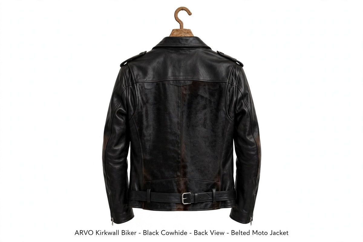 Arvo Kirkwall Biker Black Cowhide Back View - Belted Moto Jacket with Dual Rear Buckles - Black Cowhide Motorcycle Jacket