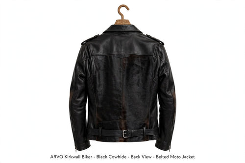 Arvo Kirkwall Biker Black Cowhide Back View - Belted Moto Jacket with Dual Rear Buckles - Black Cowhide Motorcycle Jacket