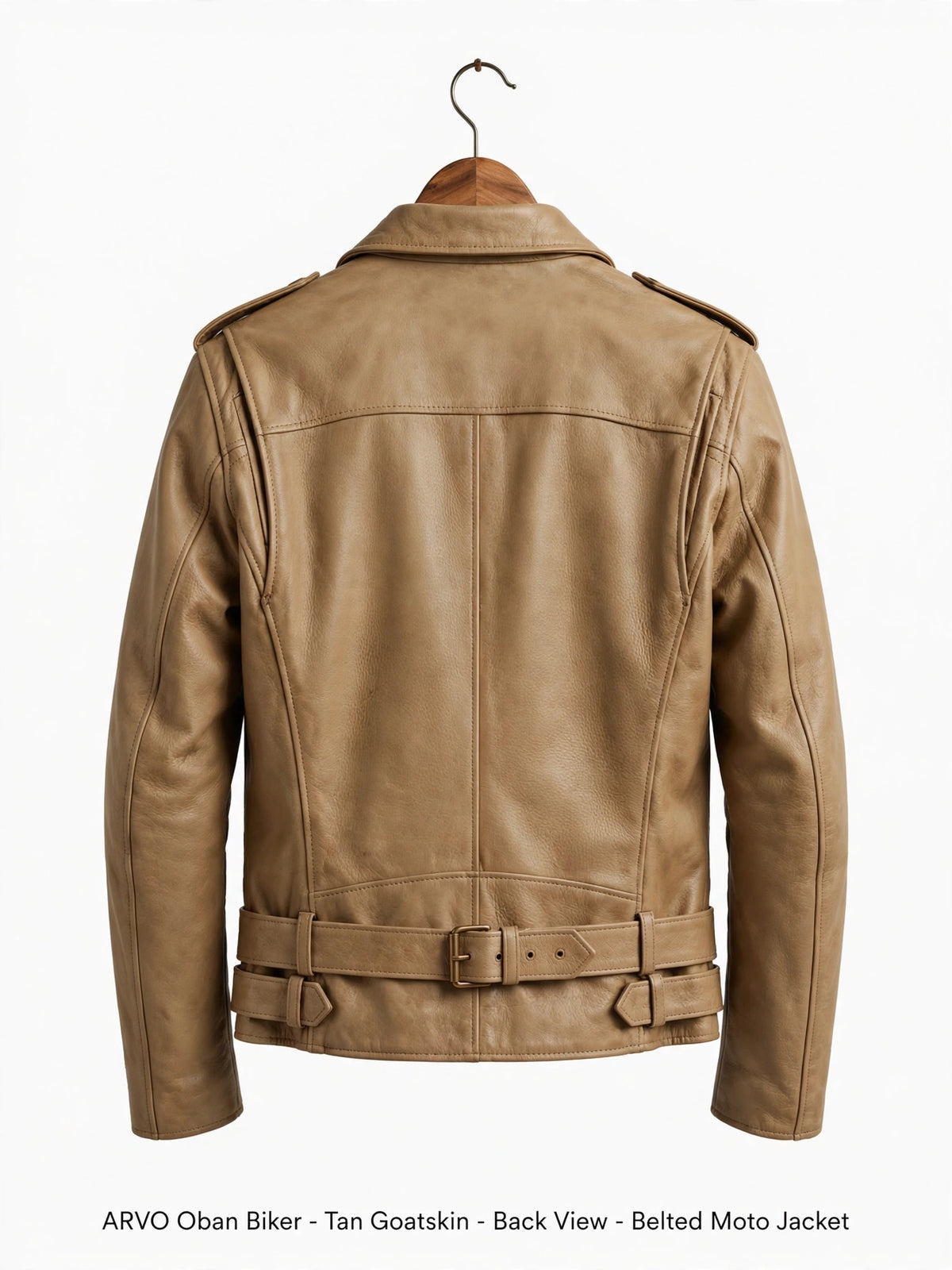 Arvo Oban Biker Tan Goatskin Detail - Pebbled Tan Goatskin Grain with Antique Brass YKK Zipper and Buckle - Premium Leather Texture Close-Up