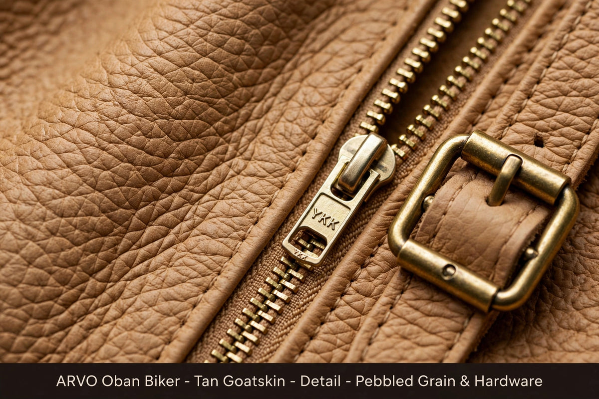 Arvo Oban Biker Tan Goatskin On Model - Men's Light Brown Goatskin Biker Jacket Front View - Pebbled Moto Jacket