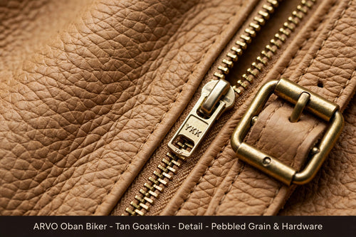 Arvo Oban Biker Tan Goatskin On Model - Men's Light Brown Goatskin Biker Jacket Front View - Pebbled Moto Jacket