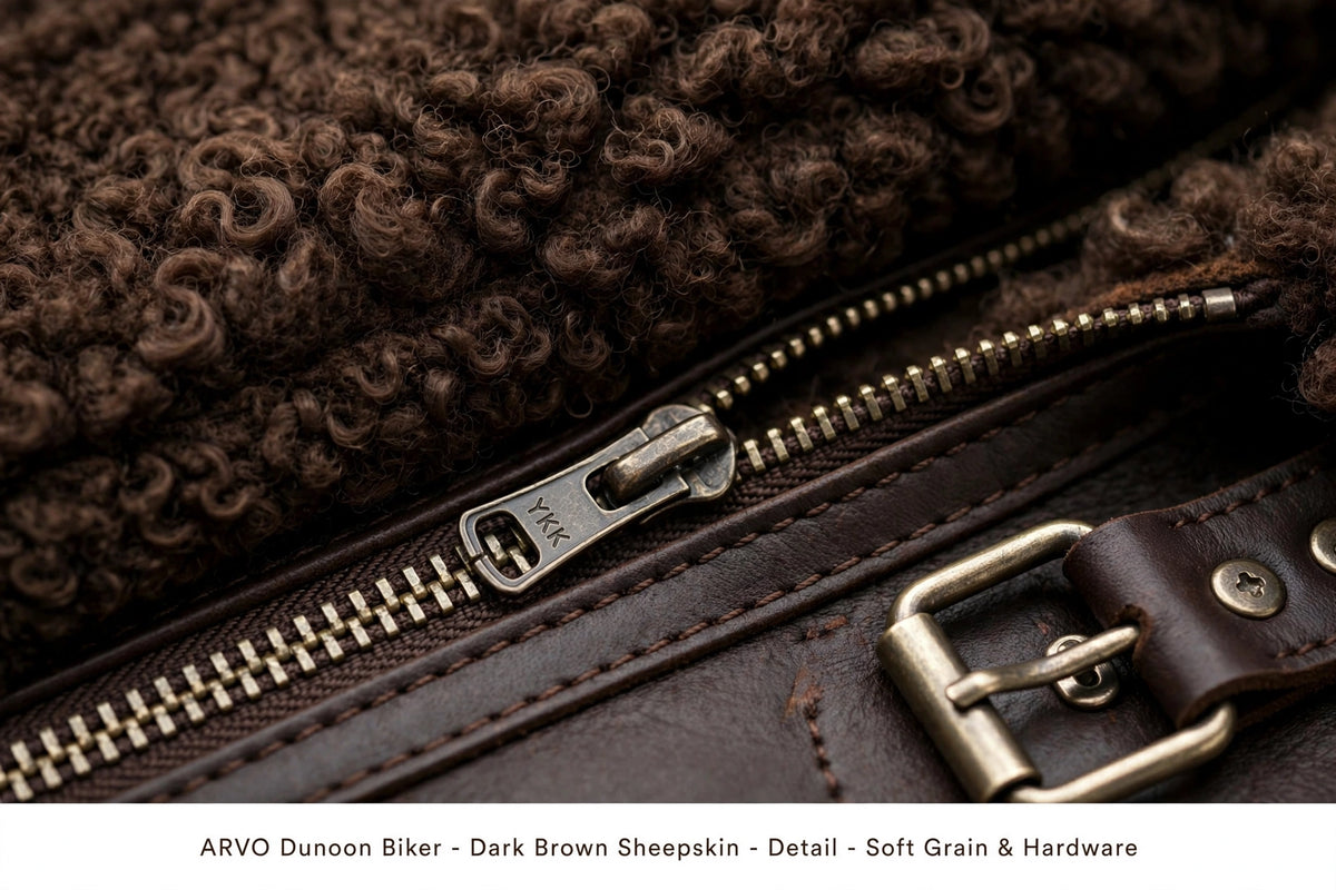 Arvo Dunoon Biker Dark Brown Sheepskin Detail - Curly Shearling Lining with YKK Zipper and Brass Buckle - Soft Grain Leather Hardware
