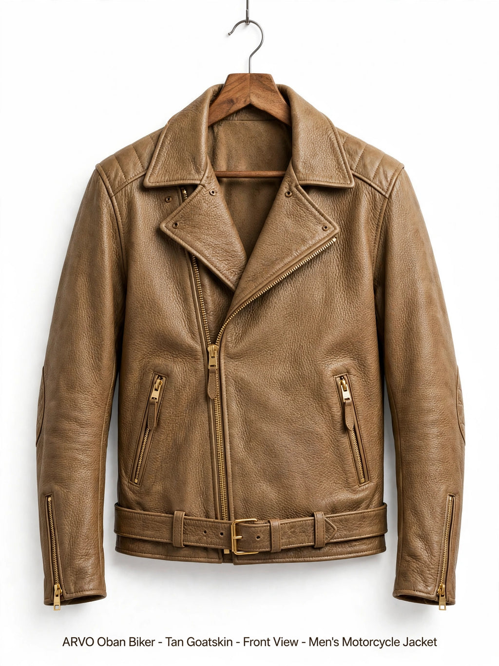 Arvo Oban Biker Leather Jacket for Men Tan Goatskin Front View - Men's Tan Pebbled Goatskin Motorcycle Jacket - Belted Moto Jacket with Brass Hardware