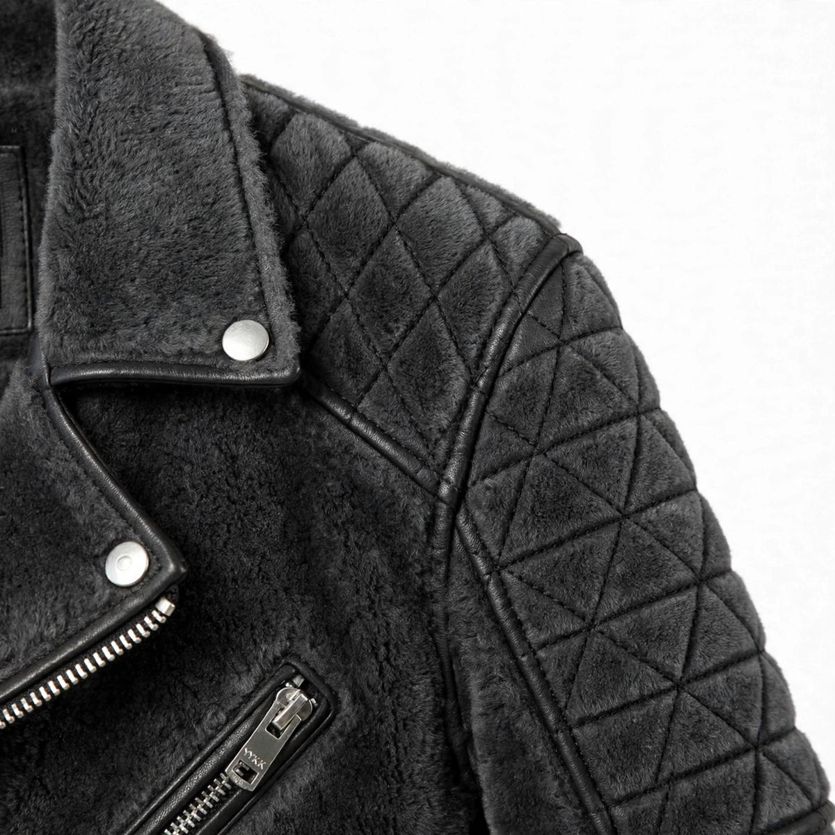 Close up of ARVO Wick Biker Charcoal Grey Sheepskin - Suede Texture, Diamond Quilting and Silver
