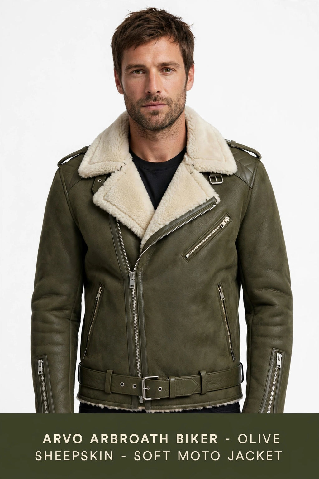 ARVO Arbroath Biker Olive Sheepskin On Model - Men's Olive Shearling Leather Moto Jacket Front View - Belted Motorcycle Jacket